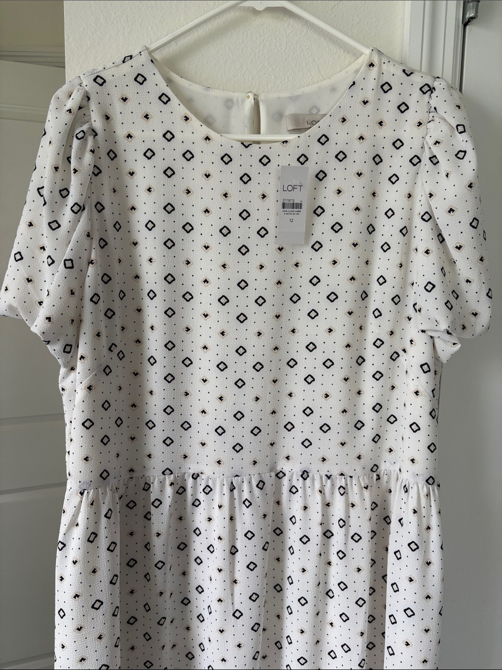 LOFT White Dress with Black Geometric Pattern